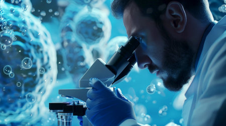 man scientist at work in the evening looking into a microscope,. generative ai.の素材
