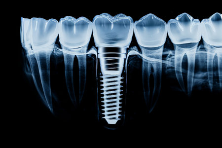 dental implant placement. An X-ray image displaying a dental implant anchored in the jawbone. . Generative Ai.の素材