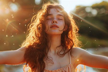 Beautiful woman in dress standing with arms outstretched in flower field at sunset generative ai.の素材
