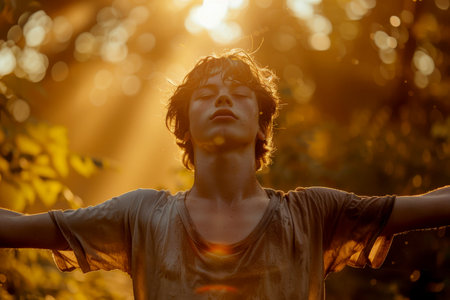 man standing with arms outstretched in natural at sunset .generative ai.の素材