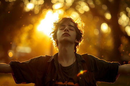 man standing with arms outstretched in natural at sunset .generative ai.の素材