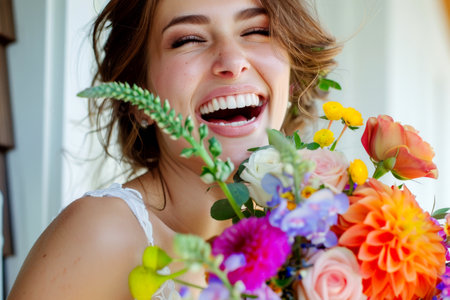 Beautiful woman with a bouquet of flowers. on natural background. Generative AI.の素材