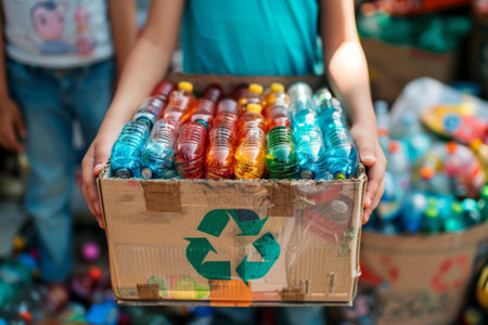 hands holding a recycling box filled with various recyclable items on beach ..Environment Day concept. Generative AI.の素材