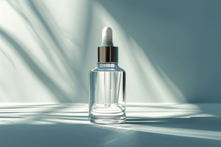 Stylish Cosmetic serum mockup, Glass bottle with pipette dispenser, clear liquid, water splashes. Generative AI.の素材