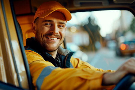 a van truck delivering to customer home. Smiling man postal delivery man delivering a package. Ai generative.の素材