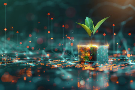 Plant growing from the cubic digital AI. Ecology and environment concept.ai generative.の素材