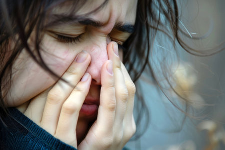 A man is covering their mouth and nose, likely due to allergic rhinitis.AI generative.の素材