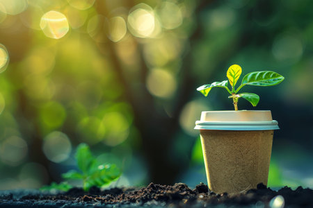 Sprout growing in the coffee cup. environmentally friendly, recycling, generated with AI.の素材