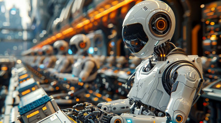 robot production line where products are manufactured by AI robots. Generative AI.の素材