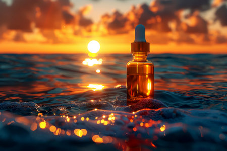 dropper bottle for cosmetics on the sea .cosmetic bottle mockup with skin care concept. Generative AI.の素材