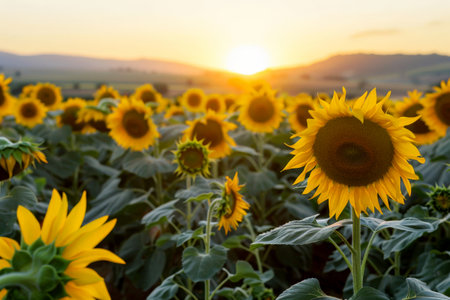 Blooming sunflowers flowers field in the garden with sunset background .Generative AI.の素材