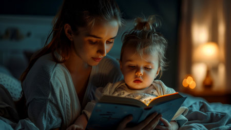 Cute children baby and mother reading book . Education learning concept. AI generative.の素材