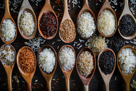 A variety of health Raw wild rice in a wooden spoon.ai generative.の素材