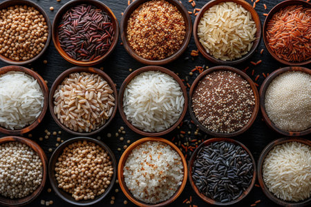 A variety of health Raw wild rice in a wooden spoon.ai generative.の素材
