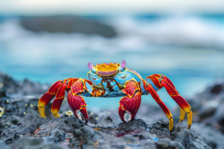 Sally Lightfoot crab on Rocky Shore with Ocean Background . generated AI.の素材