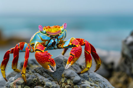 Sally Lightfoot crab on Rocky Shore with Ocean Background . generated AI.の素材