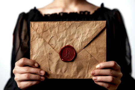 hand woman hold Old envelope with wax seal.ai generative.の素材
