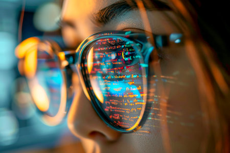 woman wear glasses looking Code Projected on Face and Reflecting. Software Developer Working on Innovative e-Commerce. ai generative.の素材