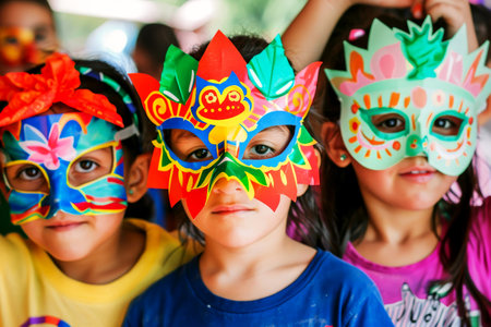 Children put on colorful masks made of cutouts ,Cinco De Mayo festival concept.の素材