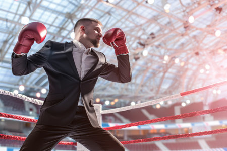 Successful business man with winning boxing man background . Generative AI.の素材
