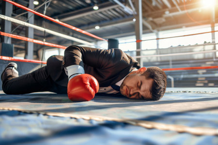 failure business man with TKO knockout boxing man background . Generative AI.の素材