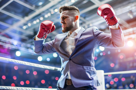 Successful business man with winning boxing man background . Generative AI.の素材
