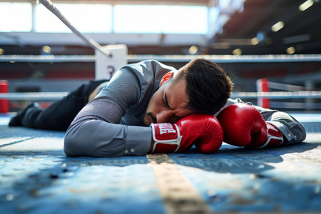 failure business man with TKO knockout boxing man background . Generative AI.の素材
