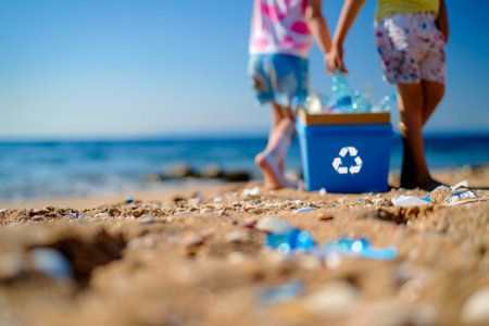 hands holding a recycling box filled with various recyclable items on beach ..Environment Day concept. Generative AI.の素材