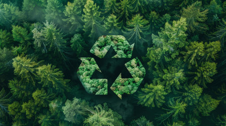 Recycling symbol in green nature with trees and forest background. Ecological concept . Generative AI.の素材