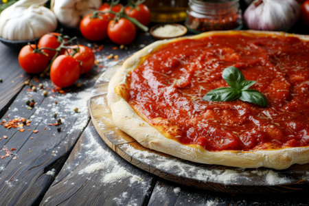 homemade hot delicious food in form of baked pizza with sausage and vegetables, created with generative ai.の素材