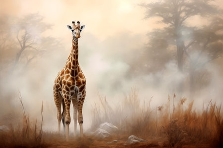African giraffe walking on blurred nature background , Generative AI.の素材