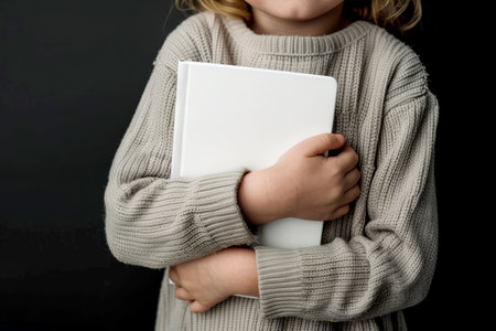 a child holding white book for mockup ,isolated background .AI generative.の素材