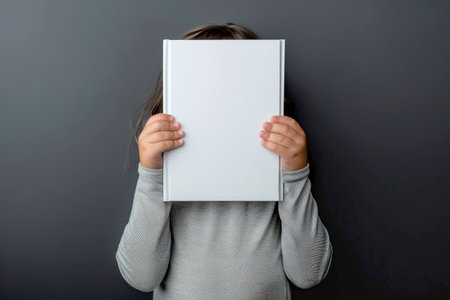 a child holding white book for mockup ,isolated background .AI generative.の素材