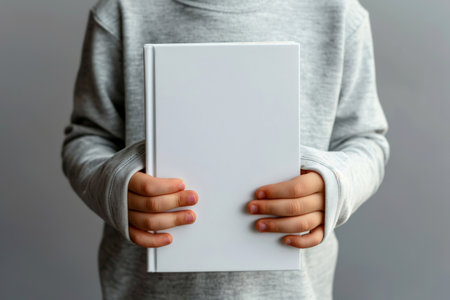 a child holding white book for mockup ,isolated background .AI generative.の素材