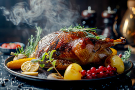Roast goose stuffed with baked apples in a skillet on a dark wooden background. Generative AI.の素材