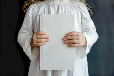 a child holding white book for mockup ,isolated background .AI generative.の素材