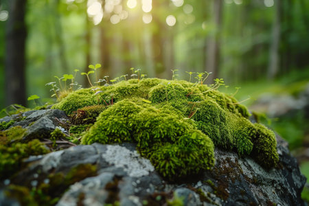 a moss covered rock with small plants growing out of it. generative ai.の素材