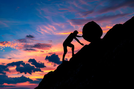 Businessman Push Heavy Stone Up the Hill For Hard Working Concept. Generative AI.の素材