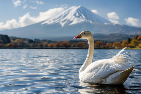 Swan in the river with Fuji mountain background .Generative Ai..の素材