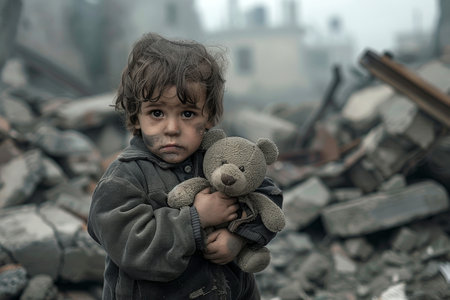 a child holding a teddy bear ,Standing in the rubble of fallen buildings with concrete rubble.ai generative.の素材