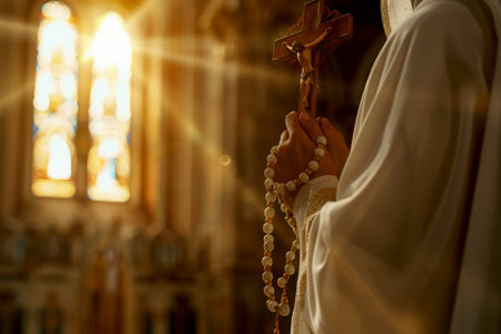 A man holds a cross in his hands and prays intently in a Christian church, AI generation.の素材