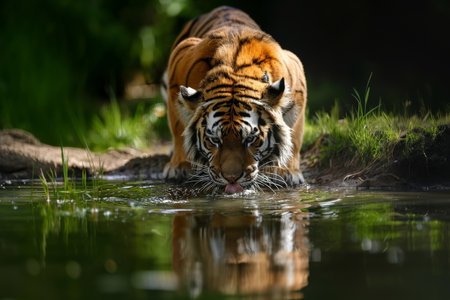 Tiger drinking water, closeup. Generative AI.の素材