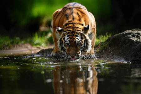 Tiger drinking water, closeup. Generative AI.の素材