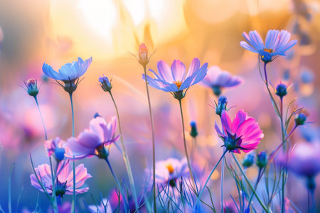 Spring flowers on sunlight flare on the background . generative ai.の素材
