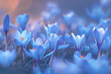 Spring flowers of blue crocuses on sun light flare .generative ai.の素材