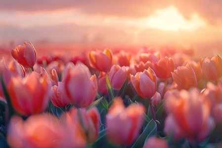 tulip flowers in spring on sunlight flare on the background . generative ai.の素材