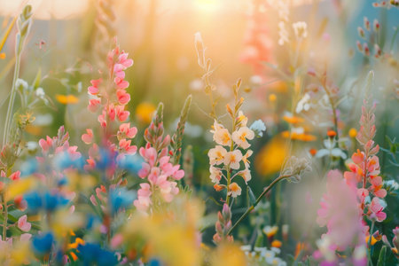 Spring flowers on sunlight flare on the background . generative ai.の素材