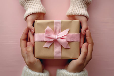 Female and daughters hands holding gift pink box, mother day , new year, birthday concept, generative ai.の素材