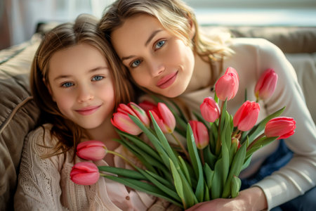 child celebrating mother's day with their mother . generative ai.の素材