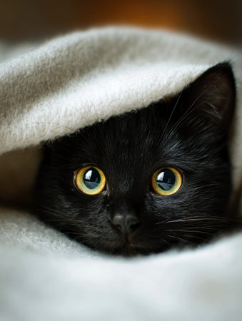 close up black cat lies under a blanket ..の素材
